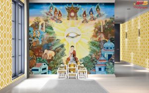 ตกแต่งห้องพระจิตรกรรมฝาผนังไทยแบบดั้งเดิมพุทธประวัติ