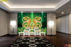 ตกแต่งห้องพระพญานาคสีเขียวทองเทพพนมพื้นหลังสีเขียวอมดำใต้ดวงจันทร์