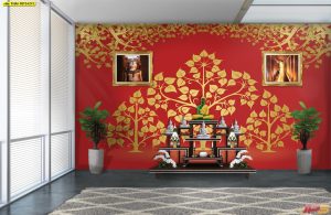 ตกแต่งห้องพระโพธิ์ทองพื้นหลังสีแดง