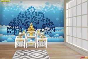 ตกแต่งห้องพระต้นโพธิ์น้ำเงินพื้นหลังฟ้า