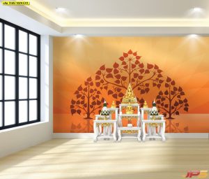 ตกแต่งห้องพระต้นโพธิ์พื้นหลังสีส้ม