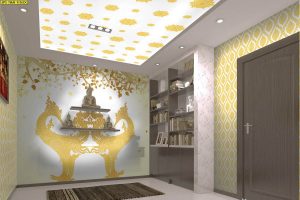 ตกแต่งห้องพระลายหงส์คู่พุ่มข้าวบิณฑ์พื้นหลังสีขาวทอง