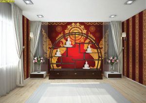 ตกแต่งห้องพระลายหงส์คู่ช่อหางโตพื้นหลังสีแดง