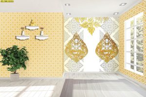 ตกแต่งห้องพระลายเทพพนมคู่ประจำยามสีทองพื้นหลังสีขาว