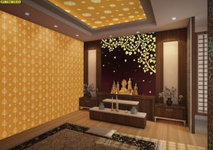 ตกแต่งห้องพระลายใบโพธิ์ลายดอกดาวพื้นหลังสีทอง