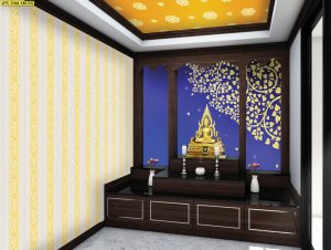 ตกแต่งห้องพระ ลายใบโพธิ์พื้นน้ำเงินช่อหางโตพื้นหลังสีทอง