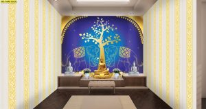 ภาพห้องพระลายไทยต้นโพธิ์ช้างคู่สีน้ำเงิน
