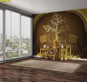 ตกแต่งห้องพระภาพห้องพระ ลายไทยต้นโพธิ์ช้างคู่สีน้ำตาล