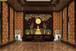 ตกแต่งห้องพระลายพญานาคคู่สีทองพุ่มข้าวบิณฑ์พื้นหลังสีน้ำตาลแดง