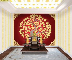 ตกแต่งห้องพระลายต้นโพธิ์สีทองดอกดาวช่อหางโตสีแดง