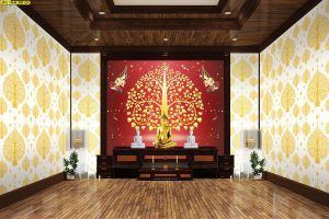 ตกแต่งห้องพระลายต้นโพธิ์สีทองเทพพนมคู่พื้นหลังสีแดง