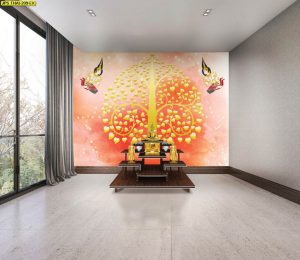 ตกแต่งห้องพระลายเทพพนมต้นโพธิ์ทองพื้นหลังสีส้มแดง