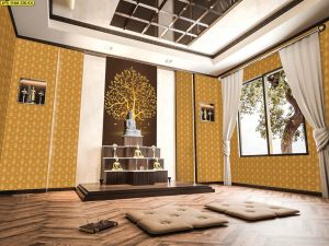 ตกแต่งห้องพระลายต้นโพธิ์ทองใบโพธิ์ทองพื้นหลังสีเหลืองทอง