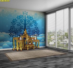 ตกแต่งห้องพระลายต้นโพธิ์น้ำเงินพื้นหลังเมฆสีฟ้า
