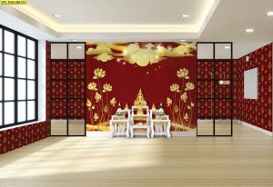 ตกแต่งห้องพระลายดอกบัวทองใบโพธิ์ทองพื้นหลังสีแดง