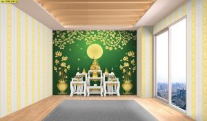 ตกแต่งห้องพระลายดอกบัวทองใบโพธิ์ทองพื้นสีเขียวกนกไขว้ช่อหางโตขาวทอง