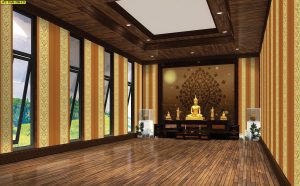 ตกแต่งห้องพระลายใบโพธิ์น้ำตาลเข้มกนกไขว้ช่อหางโตพื้นหลังสีน้ำตาล