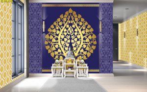 ตกแต่งห้องพระลายต้นโพธิ์ทองพื้นสีน้ำเงินพุ่มข้าวบิณฑ์ทองพื้นสีขาว