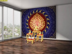 ตกแต่งห้องพระลายไทยต้นโพธิ์ทองพื้นสีแดงน้ำเงิน
