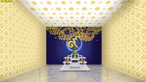 ตกแต่งห้องพระลายไทยเลข 9 ทองใบโพธิ์พื้นสีน้ำเงินช่อหางโตดอกดาว