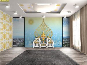 ตกแต่งห้องพระลายต้นโพธิ์ทองพื้นหลังสีฟ้า