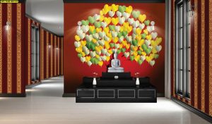 ตกแต่งห้องพระลายต้นโพธิ์ทองเงินเขียวพื้นหลังสีแดง