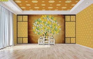 ตกแต่งห้องพระลายต้นโพธิ์ทองเงินเขียวพุ่มข้าวบิณฑ์ดอกดาวพื้นหลังสีทอง