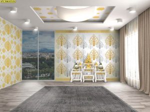 ตกแต่งห้องพระลายต้นโพธิ์เงินต้นโพธิ์ทองพื้นหลีงสีขาว