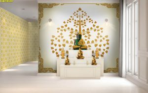 ตกแต่งห้องพระลายต้นโพธิ์ทองพุ่มข้าวบิณฑ์ทองพื้นหลังสีขาว
