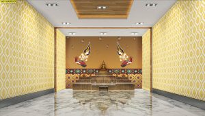 ตกแต่งห้องพระลายเทพพนมคู่ลายดอกประจำยามพื้นหลังสีทอง