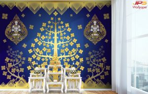 ตกแต่งห้องลายต้นโพธิ์เทพพนมเล็กคู่พื้นสีน้ำเงิน