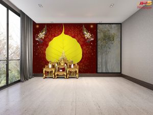 ตกแต่งห้องพระลายใบโพธิ์ทองเทพพนมเล็กคู่พื้นสีแดง
