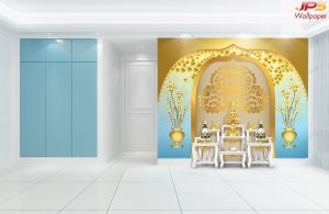 ตกแต่งห้องพระลายต้นโพธิ์ลายใบโพธิ์พื้นสีฟ้าทอง