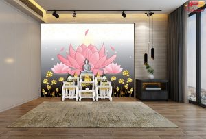 ตกแต่งห้องพระแคนวาสลายดอกบัวพื้นสีดำขาว