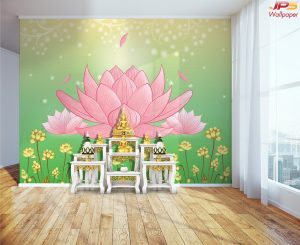 ตกแต่งห้องพระแคนวาสลายดอกบัวพื้นสีเขียวทอง