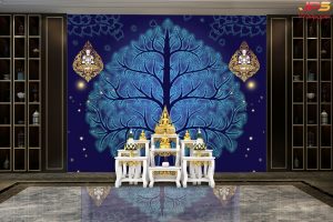 ตกแต่งห้องพระแคนวาสลายต้นโพธิ์พื้นสีน้ำเงิน