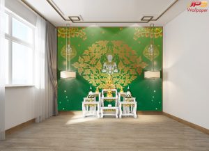 ตกแต่งห้องพระลายเทพพนมใหญ่ลายเทพพนมเล็กคู่พื้นสีเขียว