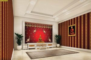 ตกแต่งห้องพระลายกนกไขว้ช่อหางโตพื้นหลังสีแดง