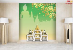 ตกแต่งห้องพระลายใบโพธิ์ทองแนวตั้งพื้นสีเขียวทอง