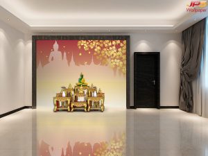ตกแต่งห้องพระลายใบโพธิ์ทองพื้นสีชมพูทอง
