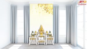 ตกแต่งห้องพระลายใบโพธิ์ทองแนวตั้งพื้นสีขาวทอง