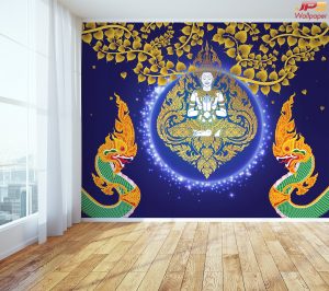 ตกแต่งห้องพระลายไทยพญานาคเทพพนมสีน้ำเงิน