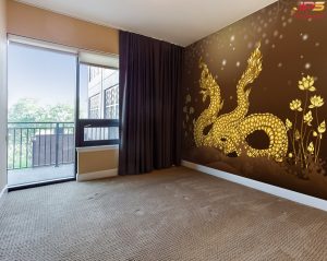 ตกแต่งห้องพระพญานาคสีทองพื้นหลังสีน้ำตาล