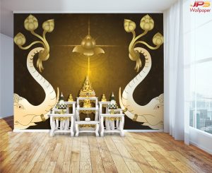 ตกแต่งห้องพระลายช้างคู่ชูดอกบัวพื้นหลังสีทอง