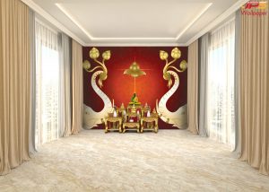 ตกแต่งห้องพระช้างคู่ชูดอกบัวพื้นหลังสีแดง