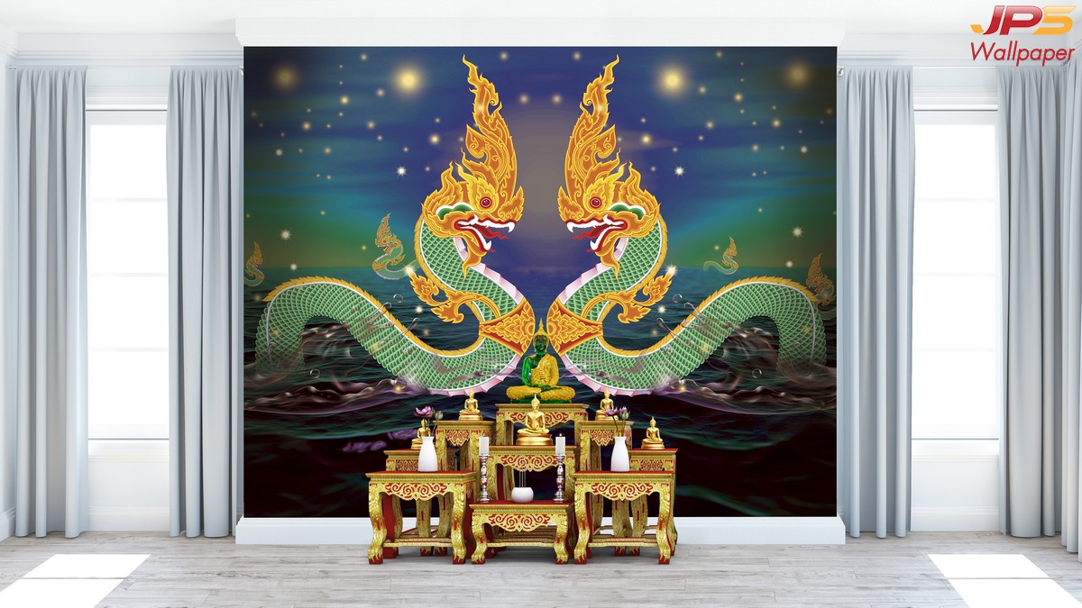 ตกแต่งห้องพระพญานาคไทยคู่พื้นหลัง3D