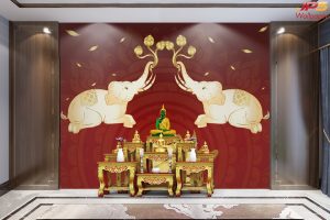 ตกแต่งห้องพระไทยช้างคู่พื้นหลังสีแดง