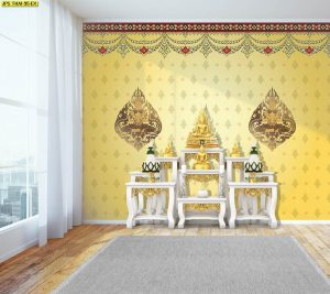 ตกแต่งห้องพระลายไทยกนกเทพพนมคู่พื้นหลังสีเหลือง