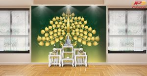 ตกแต่งห้องพระลายไทยโพธิ์ทองพื้นหลังเขียวทอง