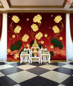 ตกแต่งห้องพระลายไทยดอกบัวทองพื้นหลังสีแดง2โทนสี